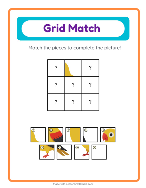 Preview of Grid Match worksheet featuring Birds for kindergarten