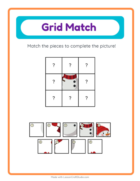 Preview of Grid Match worksheet featuring Christmas for kindergarten