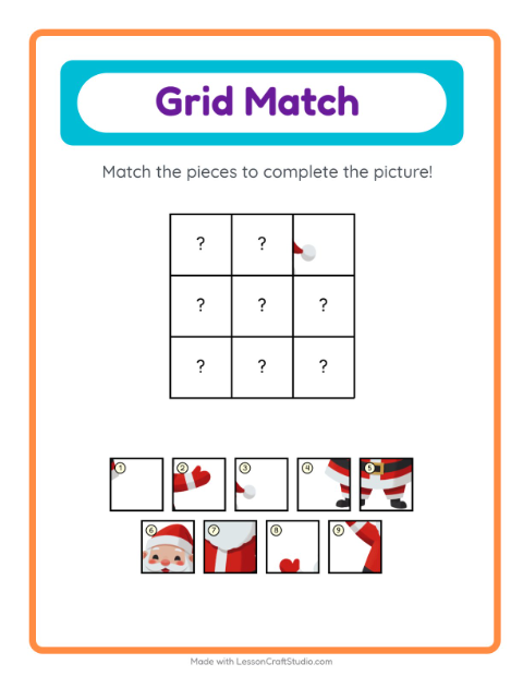 Preview of Grid Match worksheet featuring Christmas for kindergarten