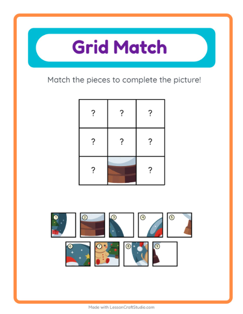 Preview of Grid Match worksheet featuring Christmas for kindergarten