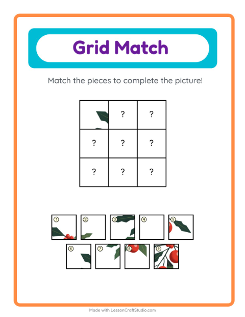 Preview of Grid Match worksheet featuring Christmas for kindergarten