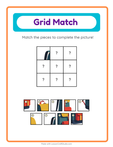 Preview of Grid Match worksheet featuring Classroom for kindergarten