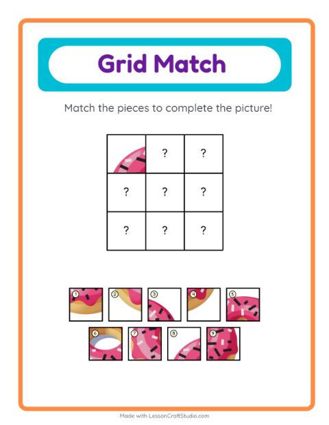 Preview of Grid Match worksheet featuring Desserts and Sweets for kindergarten