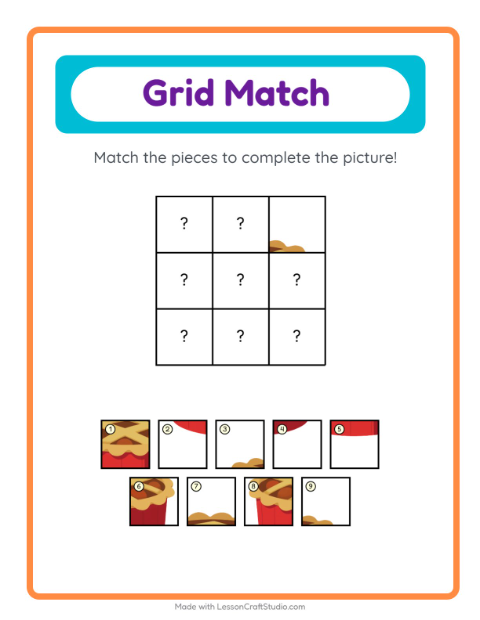 Preview of Grid Match worksheet featuring Desserts and Sweets for kindergarten