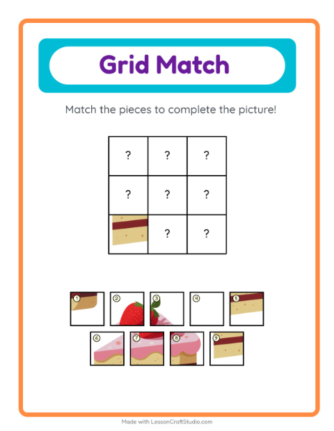 Preview of Grid Match worksheet featuring Desserts and Sweets for kindergarten