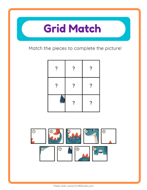 Preview of Grid Match worksheet featuring Dinosaurs for kindergarten