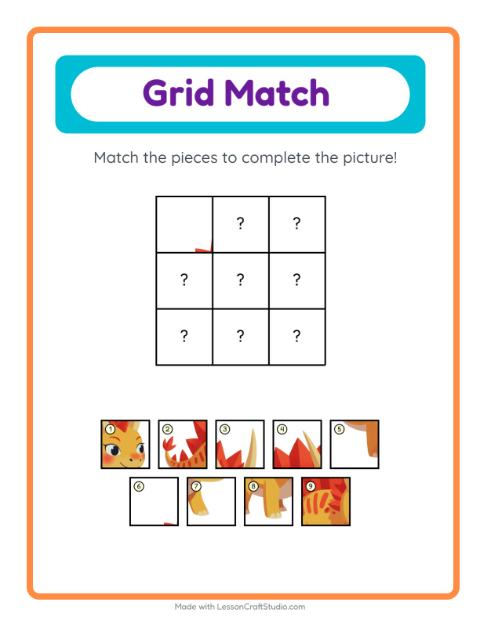 Preview of Grid Match worksheet featuring Dinosaurs for kindergarten