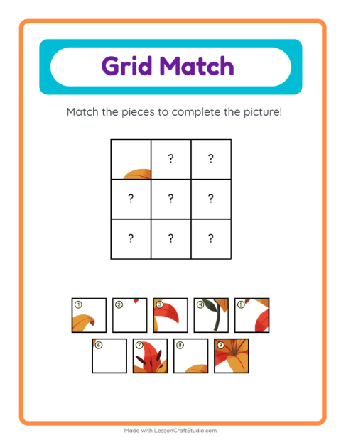 Preview of Grid Match worksheet featuring Farm Animals for kindergarten