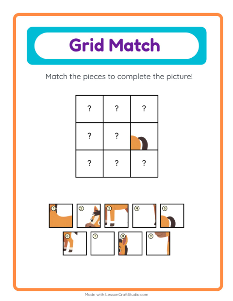 Preview of Grid Match worksheet featuring Farm Animals for kindergarten