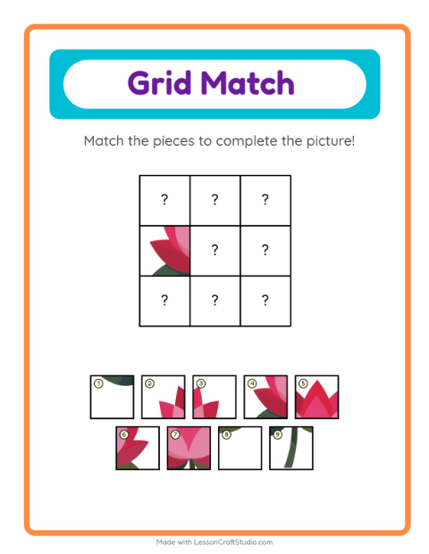 Preview of Grid Match worksheet featuring Flowers for kindergarten