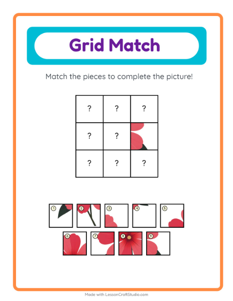 Preview of Grid Match worksheet featuring Flowers for kindergarten