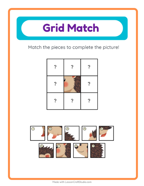 Preview of Grid Match worksheet featuring Forest Creatures for kindergarten