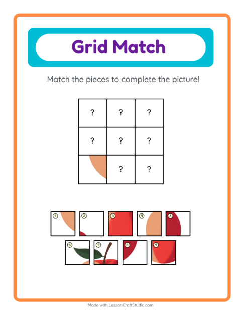 Preview of Grid Match worksheet featuring Fruits for kindergarten
