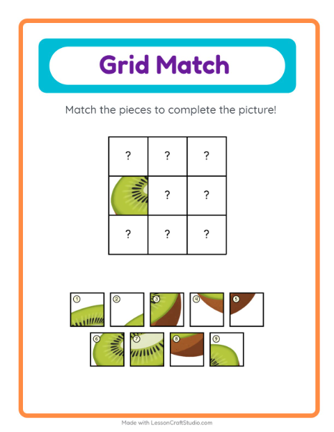 Preview of Grid Match worksheet featuring Fruits for kindergarten