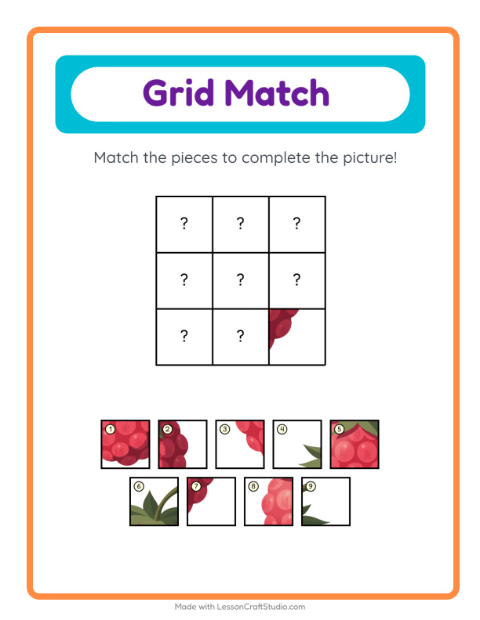 Preview of Grid Match worksheet featuring Fruits for kindergarten