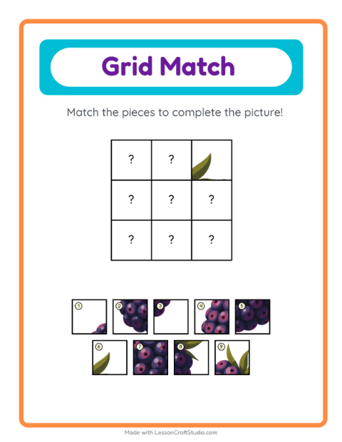 Preview of Grid Match worksheet featuring Fruits for kindergarten