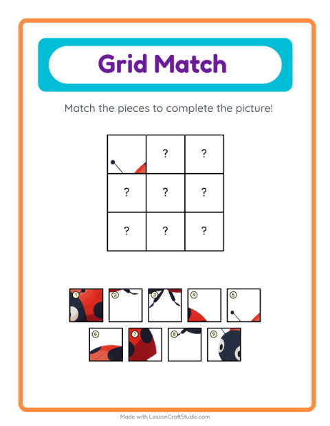 Preview of Grid Match worksheet featuring Insects and Bugs for kindergarten