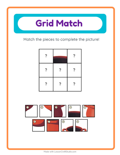 Preview of Grid Match worksheet featuring Kitchen Tools for kindergarten