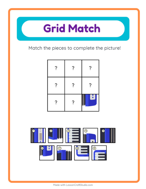 Preview of Grid Match worksheet featuring At the Supermarket for kindergarten