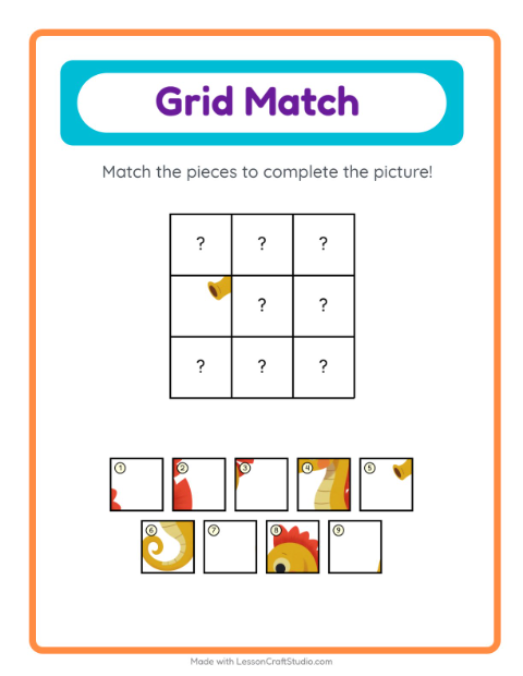 Preview of Grid Match worksheet featuring Ocean Life for kindergarten
