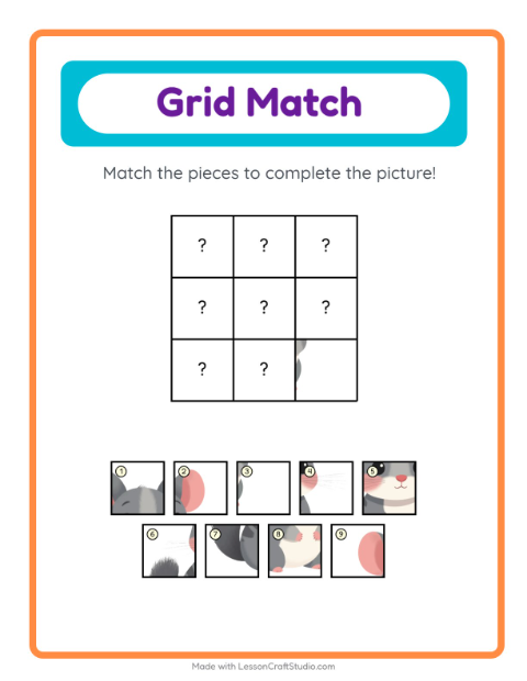 Preview of Grid Match worksheet featuring Pets for kindergarten