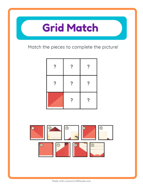 Preview of Grid Match worksheet featuring Post Office for kindergarten
