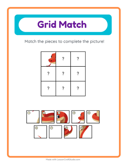 Preview of Grid Match worksheet featuring Reptiles and Amphibians for kindergarten