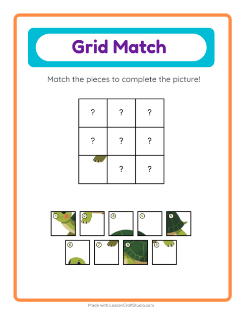 Preview of Grid Match worksheet featuring Reptiles and Amphibians for kindergarten