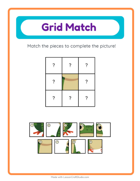 Preview of Grid Match worksheet featuring Reptiles and Amphibians for kindergarten