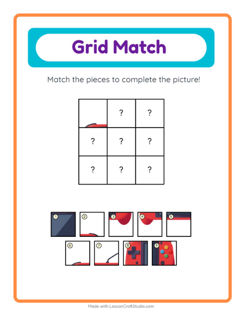 Preview of Grid Match worksheet featuring Toys for kindergarten
