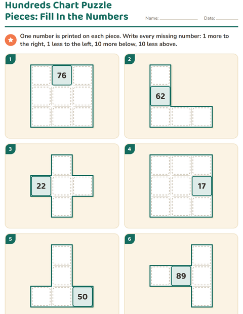 Hundreds Chart Puzzle Pieces: Fill In the Numbers