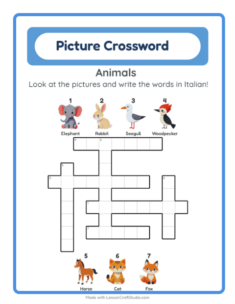 Preview of Learn Italian: Animals – Picture Crossword for Kids