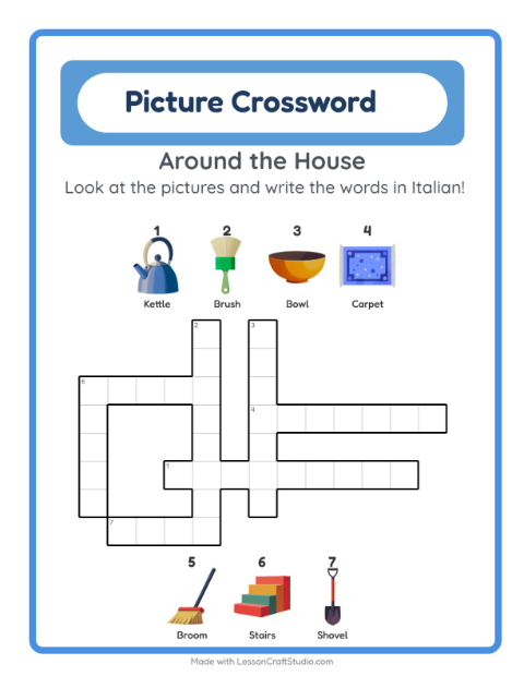 Preview of Learn Italian: Household Things – Picture Crossword for Kids
