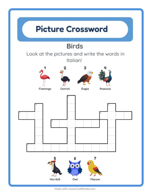 Preview of Learn Italian: Birds – Picture Crossword for Kids