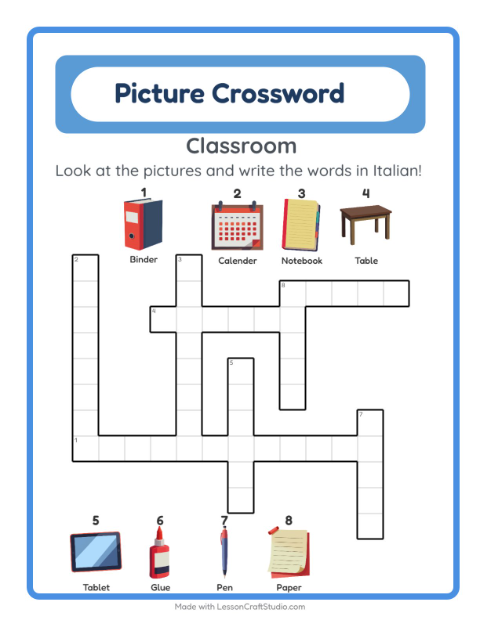Picture crossword – Classroom Objects