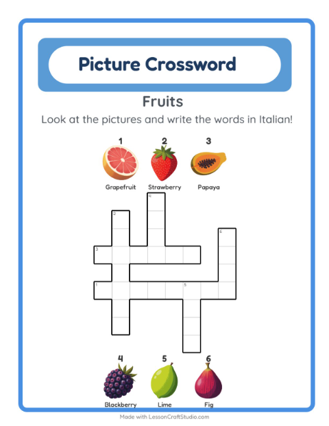 Preview of Learn Italian: Fruits – Picture Crossword for Kids