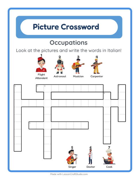 Preview of Learn Italian: Community Helpers – Picture Crossword for Kids