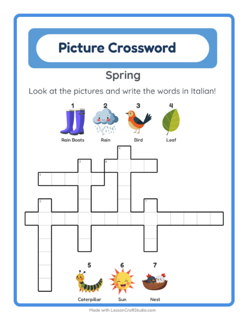 Preview of Learn Italian: Spring – Picture Crossword for Kids