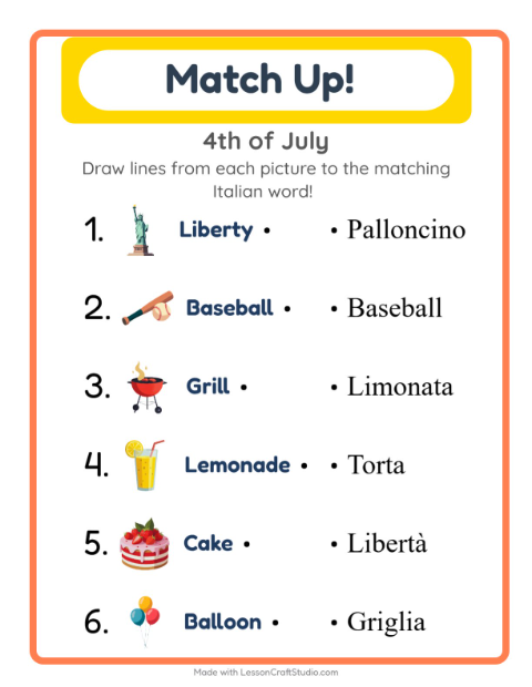 Picture-word match – Fourth of July Things