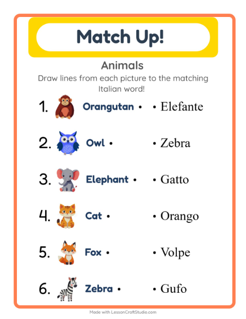 Preview of Learn Italian: Animals – Picture-Word Match for Kids