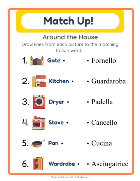 Preview of Learn Italian: Household Things – Picture-Word Match for Kids
