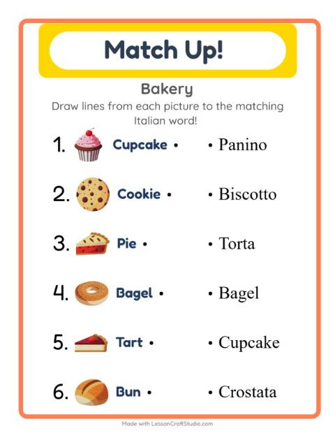 Picture-word match – Bakery Treats
