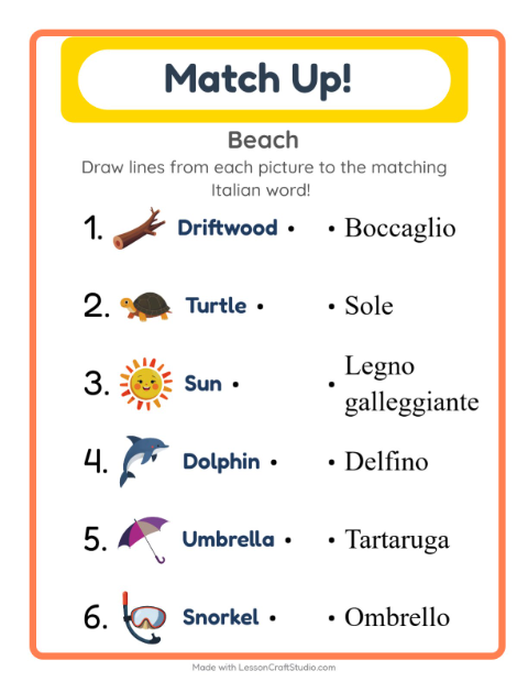 Picture-word match – Beach Things