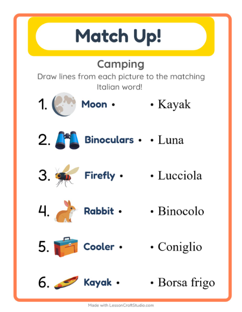 Picture-word match – Camping Gear