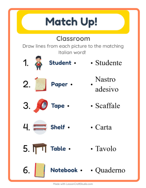 Picture-word match – Classroom Objects