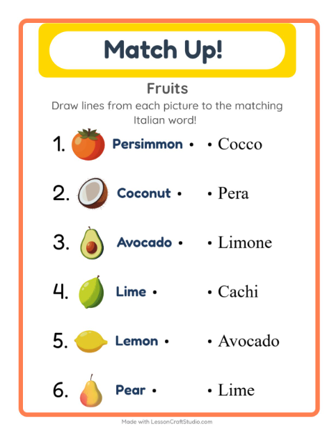 Preview of Learn Italian: Fruits – Picture-Word Match for Kids