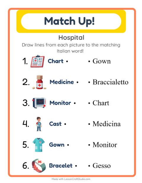 Picture-word match – Hospital Things