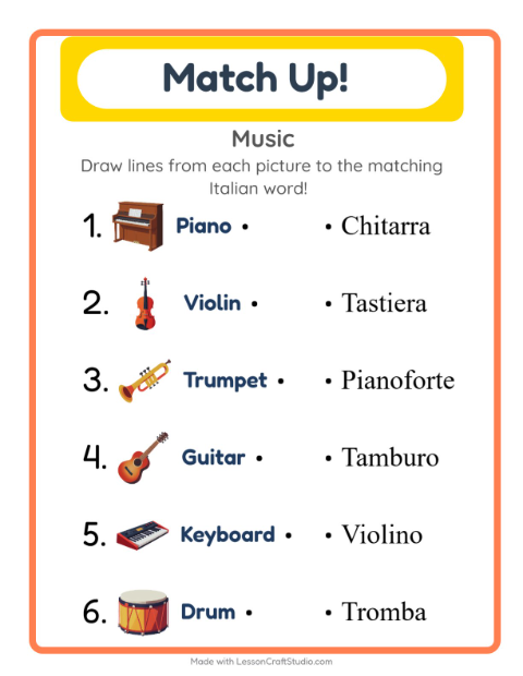 Picture-word match – Musical Instruments