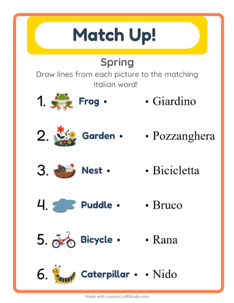 Preview of Learn Italian: Spring – Picture-Word Match for Kids