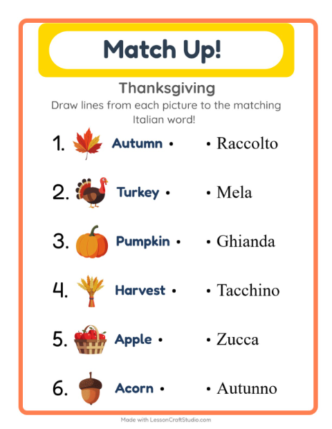 Picture-word match – Thanksgiving